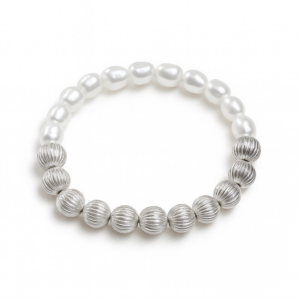 Elegant Silver Balls and Faux Pearl Beaded Stretch Bracelet